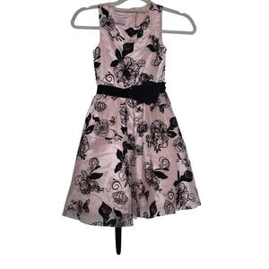 Younghearts Girls Size 7 Pink Black Tulle Velvet Floral Print Formal Dress
